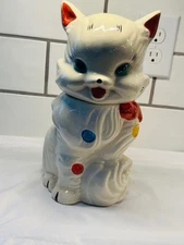 Vintage Japan Polka Dot Cat Cookie Jar 1950s MCM Kitsch Big Eye Kitty 12”