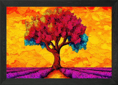 Bunter Baum im Lavendelfeld gerahmtes Wandbild Poster Leinwanddruck Bild