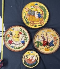 4 Ukrainian Decorative Clay Detail Figure Plates Handmade Rare Folk Art Village
