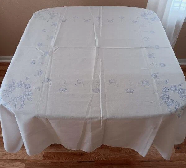 Vintage Stamped Embroidery Tablecloth Thistle Flowers Cotton 59" - Image 2 of 4