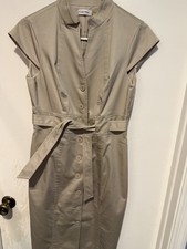 Calvin Klein Beige Tan Linen Rayon Belted Button Down Dress Sz 10