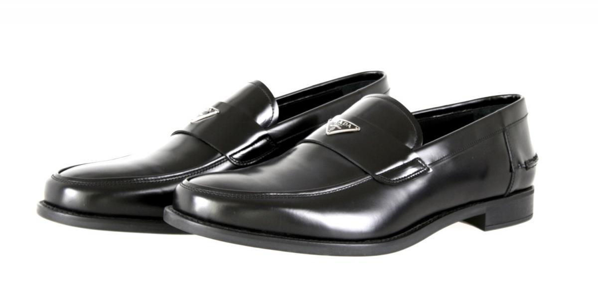 AUTH LUXURY PRADA LOGO LOAFER SHOES 2DC085 BLACK LEATHER NEW