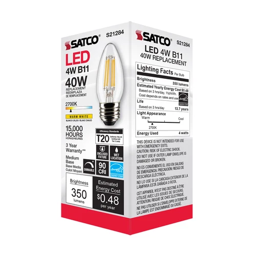 6 Pack Satco S21284 LED Filament Bulbs 120V 4W 40W B11 Medium E26 2700K Dimmable - Picture 4 of 11