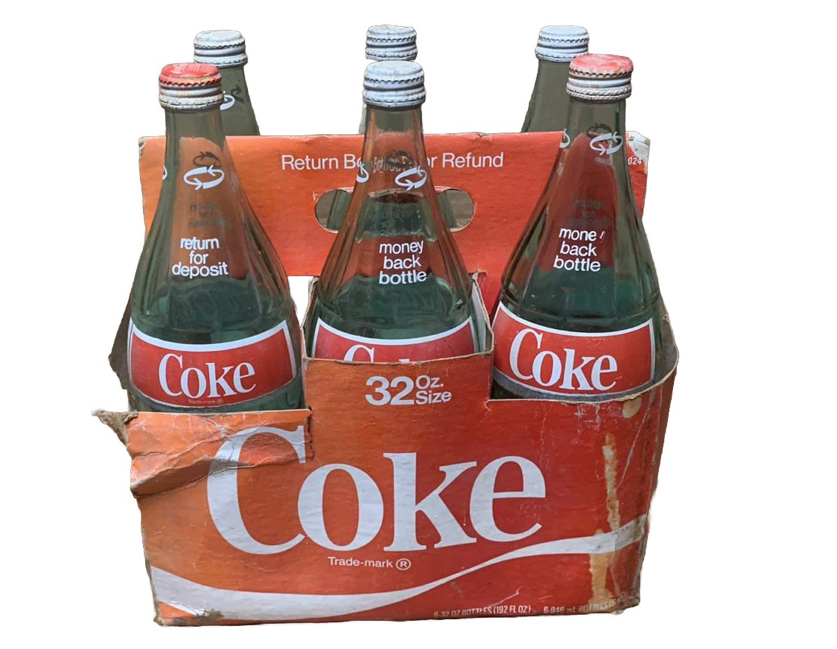 Six (6) Vintage 32 Oz. Green Glass Coca Cola Coke Bottles with