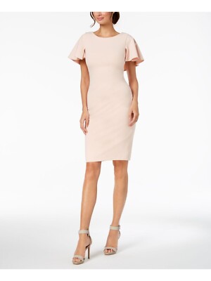 Calvin Klein Pink Ruffle V Back Flutter Sleeve Boat Neck Formal Sheath Dress  4 | eBay