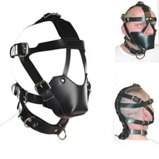 Unisex Leather Mask Head Hood Open Mouth Gag Harness Slave Headgear Bondage