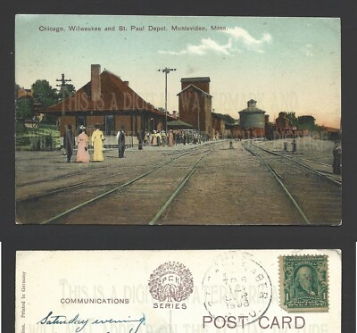 Chicago Milwaukee St Paul Train Depot Montevideo Minn 1908 Postcard Stamped