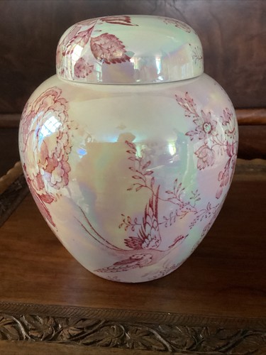 Vintage 6.5” Maling pearl lustre ginger jar vase & cover butterflies, birds etc - Picture 10 of 24