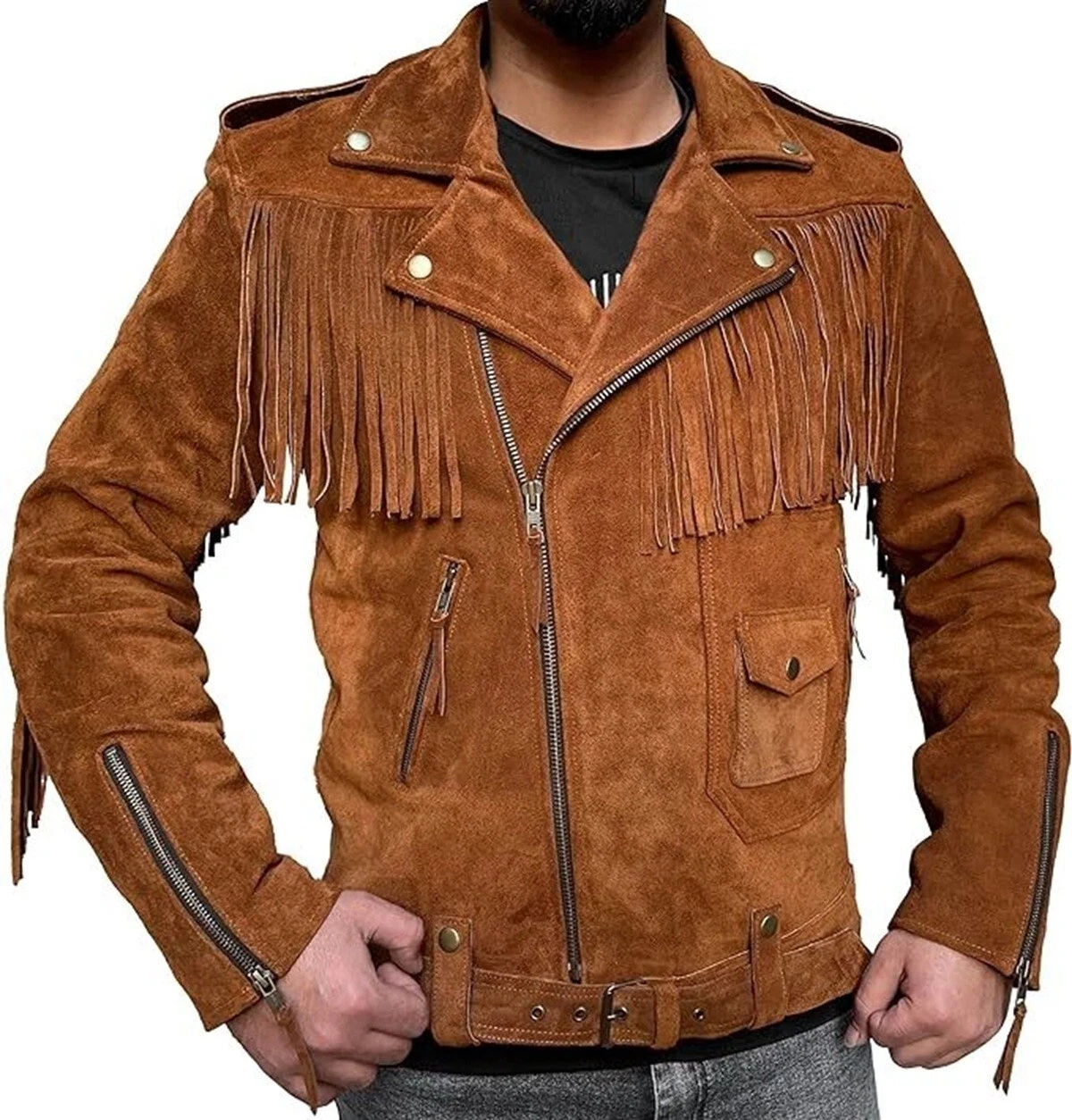 Men Brown Native American Biker Vintage Cowboy Suede Leather Jacket with Fringes