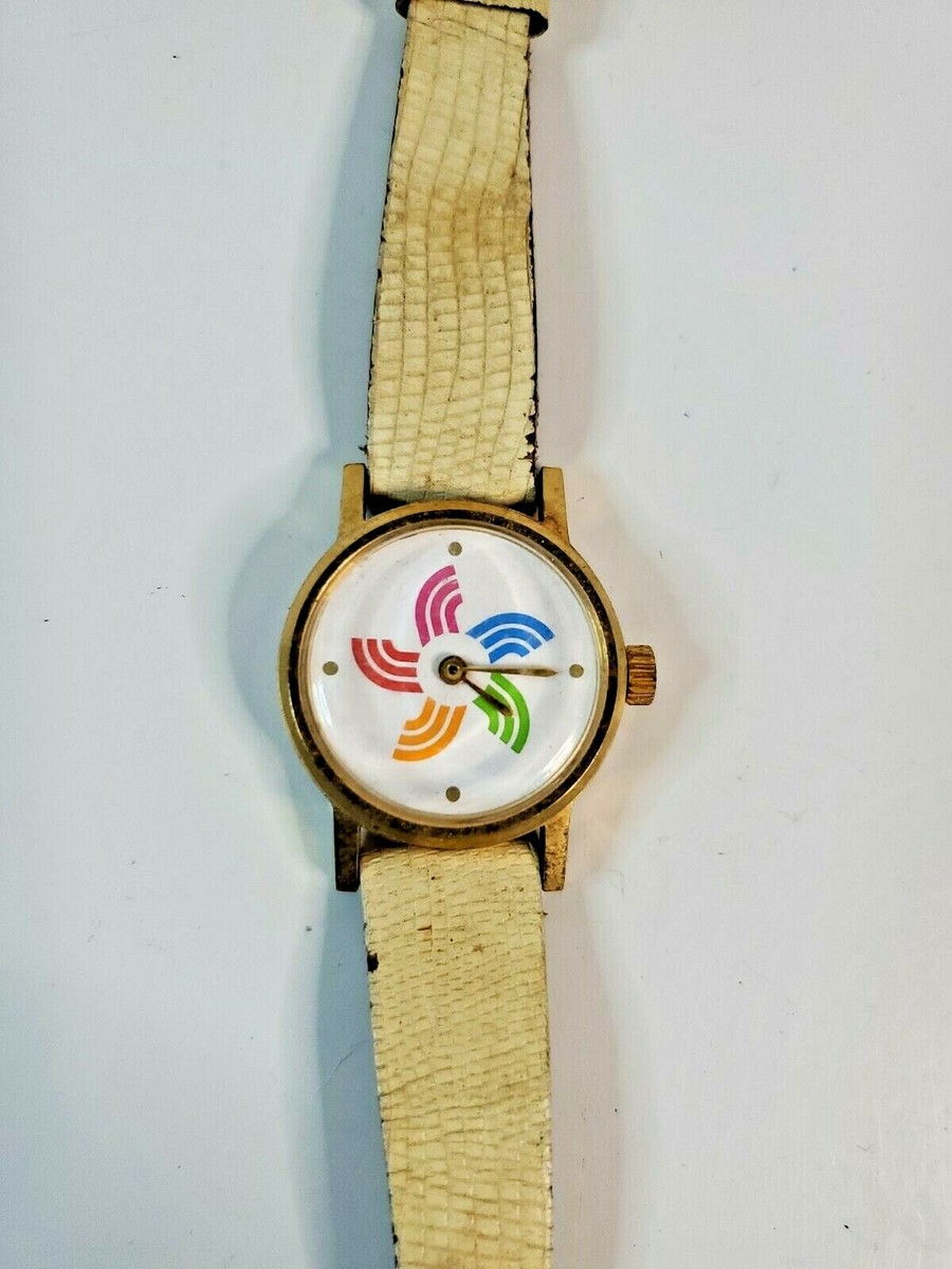 Vintage AVON LeJour Time Co Pinwheel Wristwatch Ivory Leather Band Watch Vintage 79 Le Jour Color Wheel Watch Avon Excellent Working  main image 3
