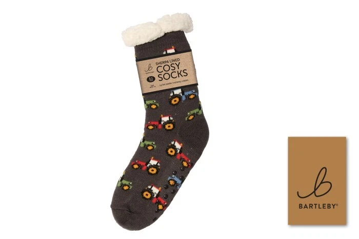 Bartleby Adult Funky Cosy Sherpa Slipper Socks Ultra Warm Gray Tractor Design