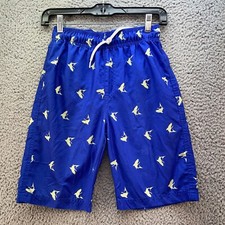 CHILDRENS PLACE SIZE LARGE ACTIVE BLUE SWIM TRUNKS SHARKS ARE YELLOW