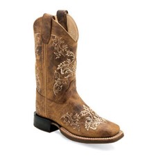 BSC1958 Old West Girl's Square Toe Leather Western Boot Brown w/Embroidery NEW