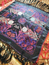 Vintage black Taj Mahal WWII Silk Satin Brocade Piano Shawl Scarf Fringe 689