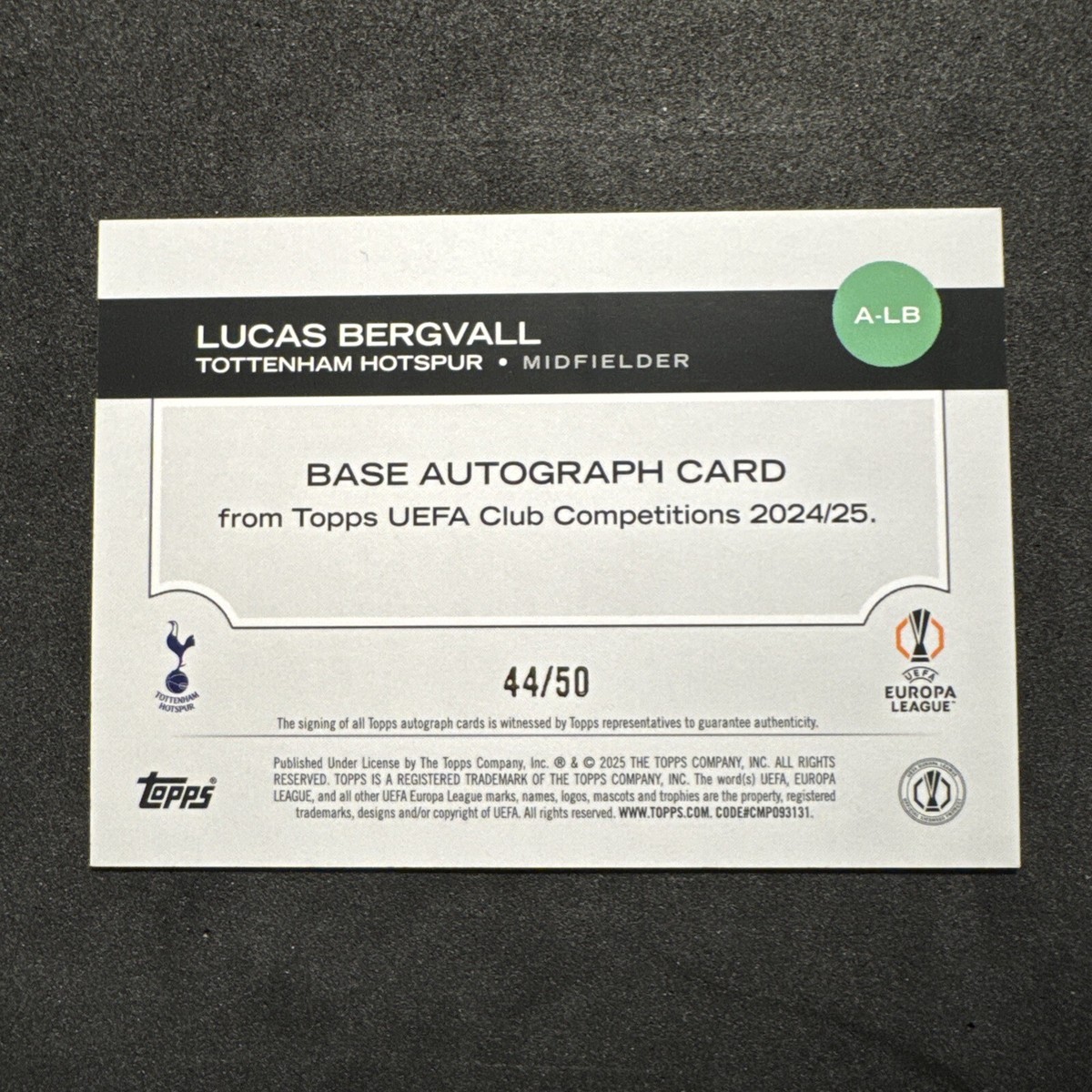 Lucas Bergvall autograph /50 - Topps UCC 24/25 - Tottenham Rookie