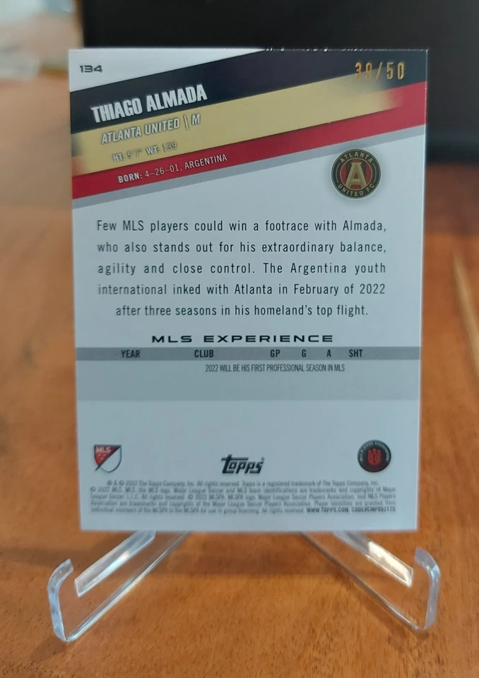 2022 Thiago Almada Topps MLS Gold /50 Rookie RC #39/50 - Image 2 of 2