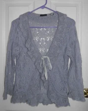Vintage Y2K, Moda International, light blue, crochet ruffled collar, cardigan. S