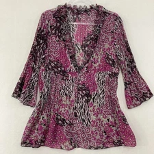 Notations Top size XL Purple Abstract Pleated Textured Ruffle Flare Sleeve Boho