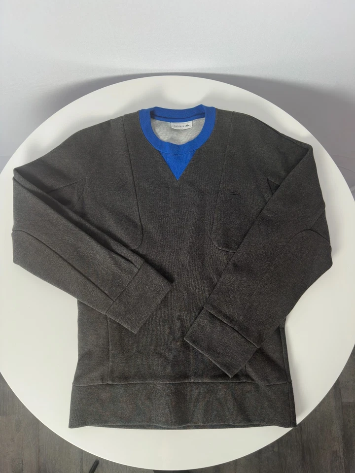 Sweat Lacoste Gris Chiné Col Bleu Crocodile Ton sur Ton Taille 3 S/M Vintage - Photo 3/4