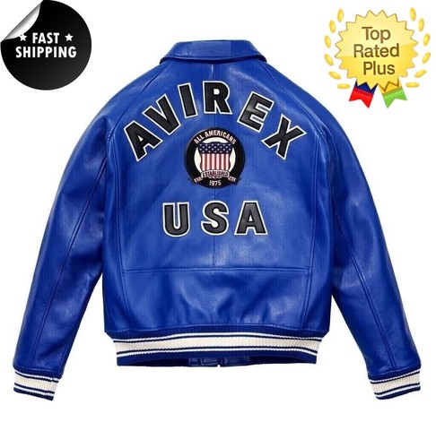 Mens Avirex Blue Real Bomber American Flight Jacket Leather Jacket