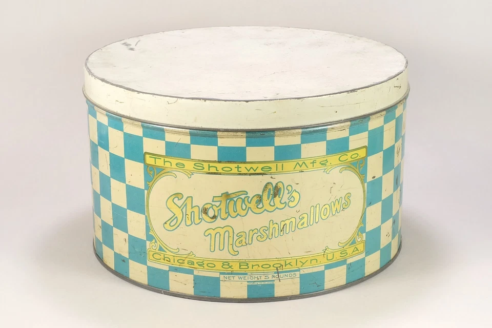 Raro 1920 Shotwell's Malvaviscos Publicidad Vintage Lata 10" Diámetro Foto 2 de 4