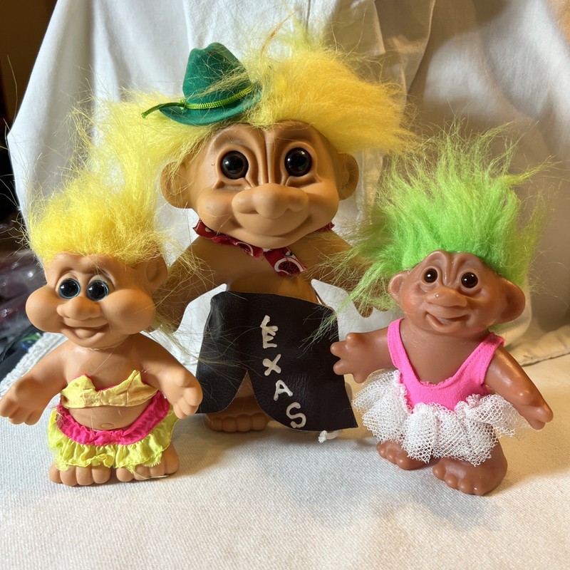Set Of Three Vintage Troll Dolls With Colorful Hair & Outfits Toys Dam Dolls