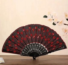 2pcs Vintage Lace Folding Hand Fan Sequin Spanish Dance Flamenco Fan