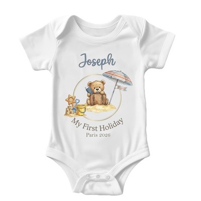 Personalisierter Baby First Holiday Body Strand Blau Teddy Design Weiß