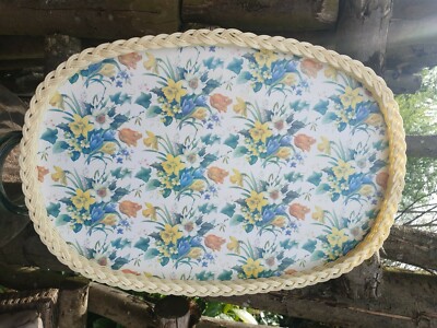 Vintage Frühlingsblumen großes Serviertablett mit Rattanrand Melamin 
