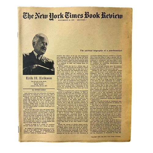The New York Times Book Review November 22 1970 Erik H. Erikson No Label VG