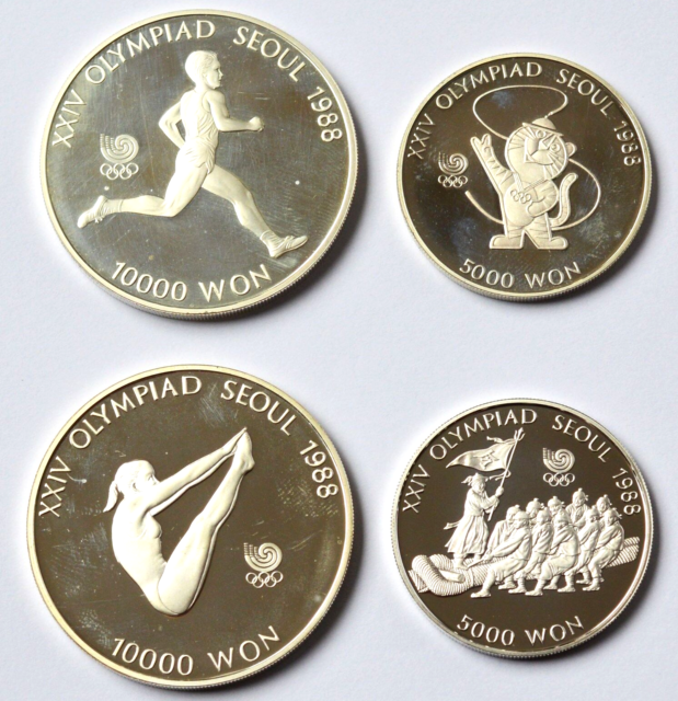 Konvolut 4 Münzen 925 Silber 10.000 + 5.000 Won 100 8 g Korea Seoul Olympia 1988