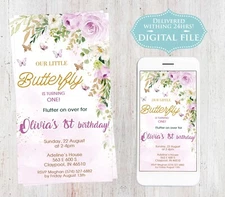 You Print, Girl's 1st Birthday Invite, Our Little Butterfly, Digital File