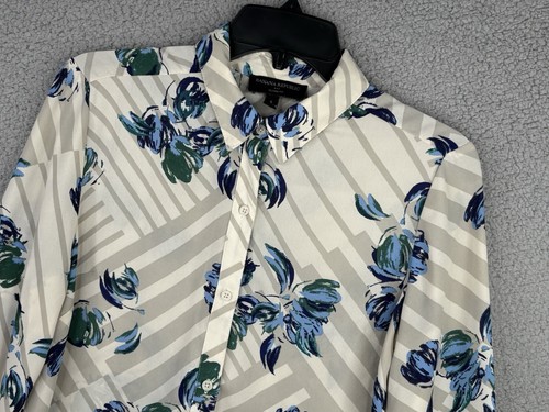 Banana Republic Blouse Womens Small White Blue Classic Fit Button Striped Floral - Picture 3 of 10