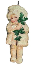 LITTLE GIRL in WHITE COAT w PINE SPRIG  * Glitter  CHRISTMAS ORNAMENT *  Vtg Img