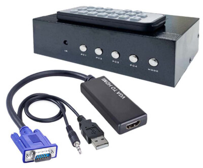 4-Channel Quad PC Split-Screen Processor  IR Remote VGA Output 1080p HD output