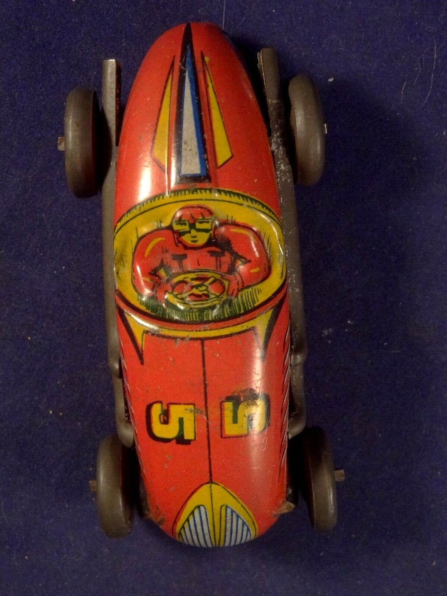 Jouet Ancien Rare – Voiture De Course Bugatti En Tôle (années 30) Avec Pilote En Relief