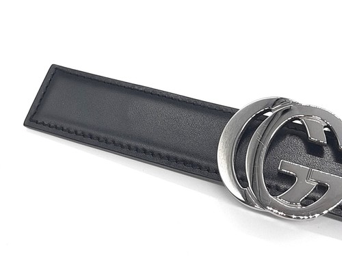 Gucci Leather Belt Women'sdouble G buckle silver x black Size 80/32 Authentic - Picture 7 of 15