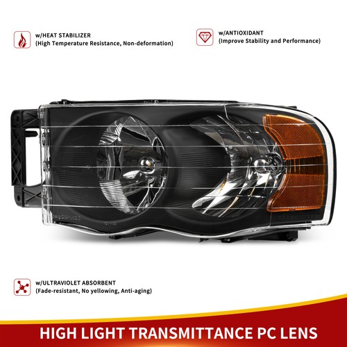 Black Housing Headlights Amber Corner for 2002-2005 Dodge Ram 1500 2500 3500 - Picture 6 of 11