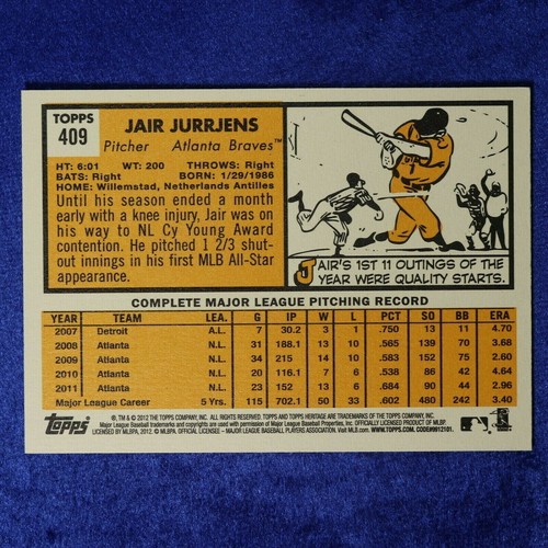 2012 Topps Heritage SP Card #409: Jair Jurrjens (THSP-889) - Picture 2 of 2