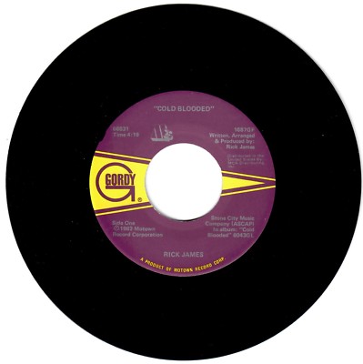 Rick James 1983 Gordy 45rpm ''Cold Blooded'' b/w ''Cold Blooded (Instrumental)''