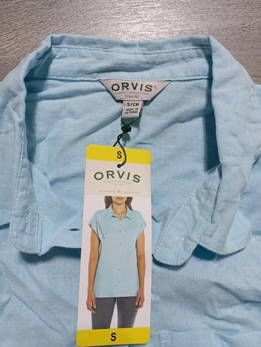 Orvis Shirt Adult Womens Small Blue Button-Up Linen Blend V-Neck Beach Summer - Picture 4 of 5