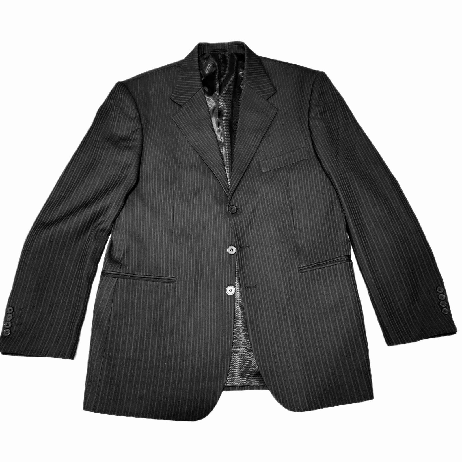 Mayer Mens Pinstripe Blazer Suit Jacket Three Button Size 52 Black Wool Blend