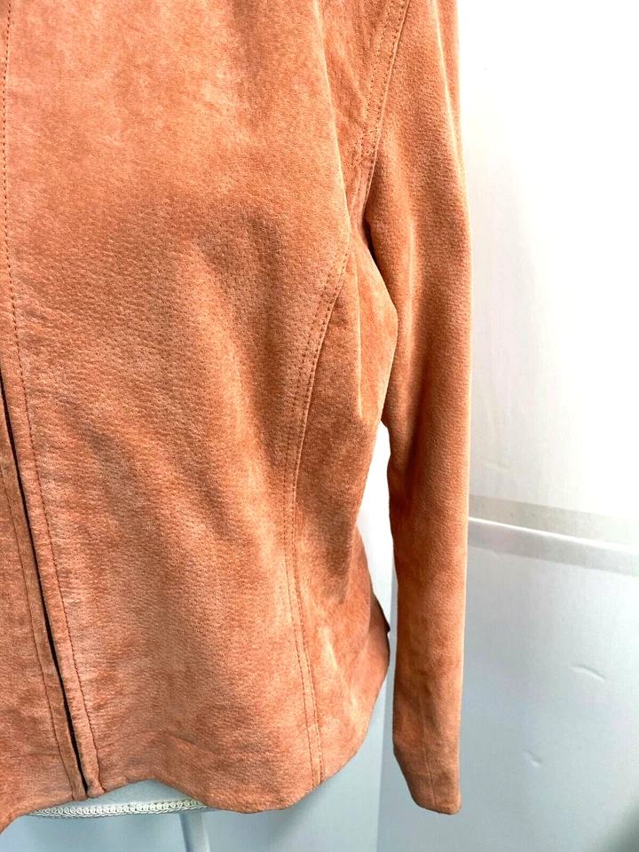 Chaqueta Chico's 100% Gamuza Cuero TALLA 2 Coral Naranja Mandarín Cuello Cremallera Foto 3 de 4