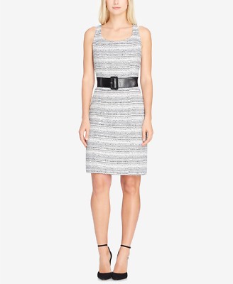 Tahari ASL Belted Bouclé Sheath Dress Ivory/Black Size 12 $149