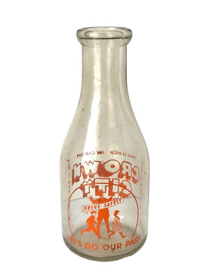 Vintage Milk Bottle Qt CROWN CITY Orange Graphics Drive Safely Let's Do Our Part