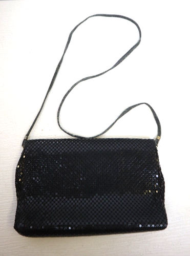 Vintage Metal Mesh Enamel Trim Evening Purse/Clutch Bag Black/Gold - Picture 11 of 14