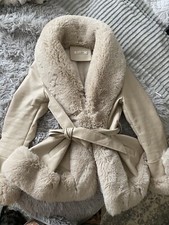 Beige Faux Leather And Fur Tie Coat