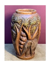VINTAGE WOODEN HAND CARVED ELEPHANTS WITH TREES AS BACKGROUND VASE