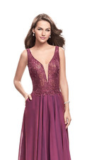 La Femme 25513 Women's Beaded Sequin Lace Plunging Chiffon Dress Boysenberry Siz