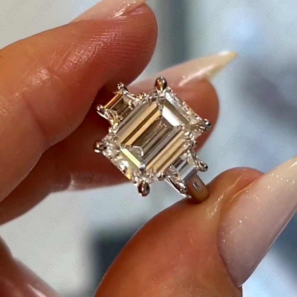 Emerald Cut Moissanite Three Stone Engagement Ring In